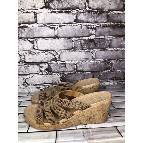Crocs A-Leigh Gold Leather Snake Print Cork Wedge Sandals Women 11M US/42 202040 - Picture 1 of 16